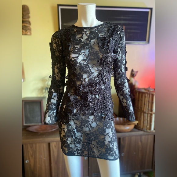 Lace black gothic elegant dark floral appliqué cocktail sexy vamp dress prom - Picture 6 of 6